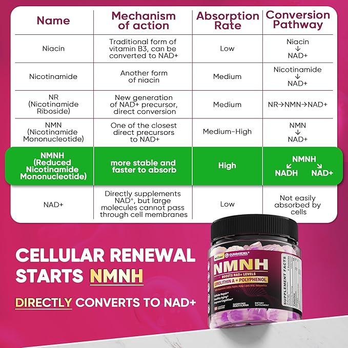 NAD+ Supplement for Women & Men, NMNH Gummies with Urolithin A, Polyphenol Complex, Resveratrol, Ultra Strength Optimized Aging, Cell Regeneration, Longevity, DNA Repair, Focus, Sugar Free, 120ts