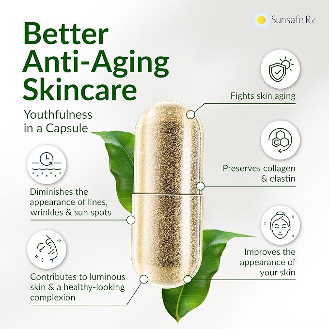 Sunsafe Rx Anti Aging Supplement: Natural Skin Protection Pills with Antioxidants for a Youthful Appearance & Eye Health + Vitamins, Minerals, & 250mg Polypodium Leucotomos (60 Capsules)