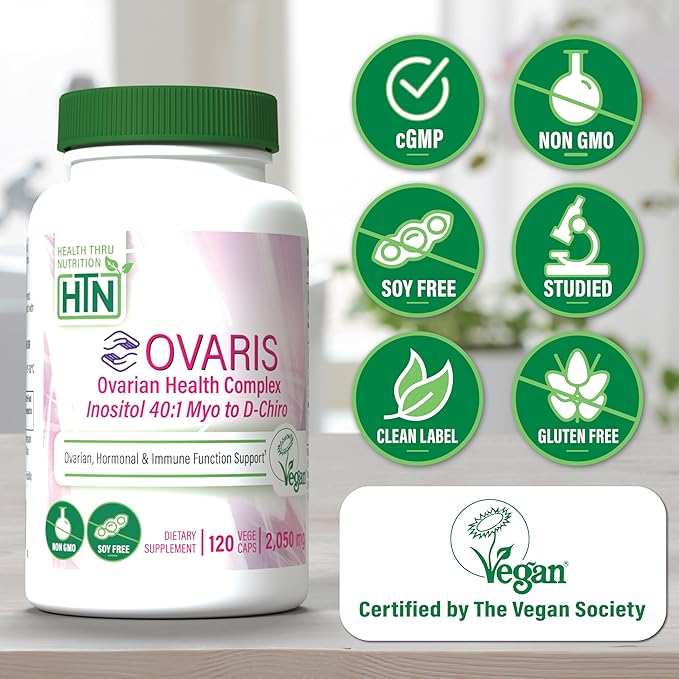 Health Thru Nutrition OVARIS | Ovarian Health Complex | Inositol 40:1 Myo to D-Chiro | Hormonal & Ovary Function Support | Vitamin B8 Supplement for Women | Certified Vegan Non-GMO | Pack of 120