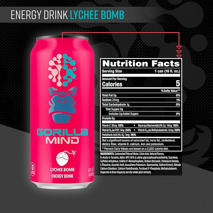 Gorilla Mind Energy Drink | Unmatched Energy · Amplified Focus | N-Acetyl-L-Tyrosine, Alpha-GPC, 200mg Caffeine, Uridine, Saffron | 0 Sugar Or Artificial Colors | 16oz, 12-Pack (Lychee Bomb)