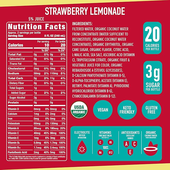 ROAR Complete Hydration Organic - Electrolyte Drinks Loaded with Vitamins C, B5, B12 - Non-GMO, Gluten-Free - Strawberry Lemonade - 12 pc