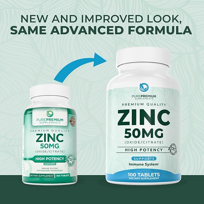 PurePremium Natural Zinc 50mg Supplements for Men/Women - High Potency Vitamin Zinc Citrate/Oxide for Adults, Immune Antioxidant, Energy Support - 100 Tablets