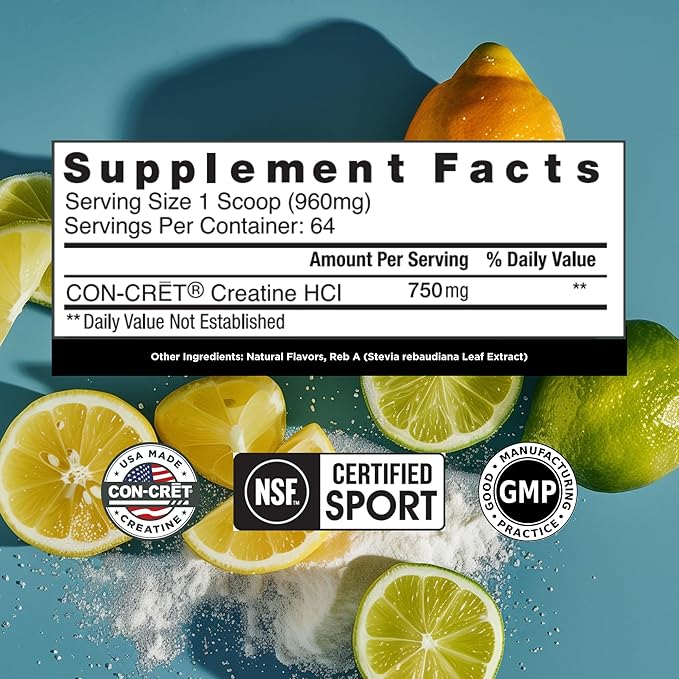 CON-CRET Creatine HCl Powder | Muscle, Cognitive, Cellular Energy Support | No Bloating or Cramps | USA Made & NSF Certified | Lemon Lime (64 Serving)