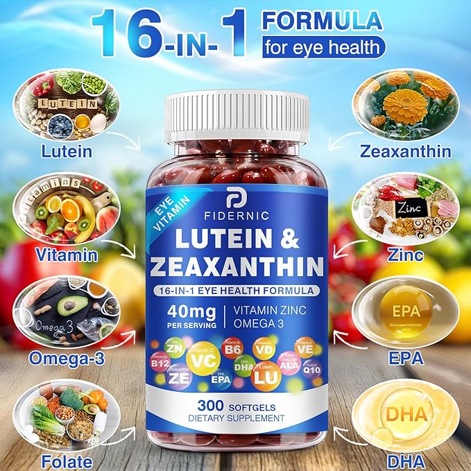 Lutein and Zeaxanthin Supplement - Eye Vitamins, 40 mg Lutein & 8 mg Zeaxanthin with Vitamins C, E, Zinc, Omega-3 & CoQ10 for Blue Light Protection, Eye Health Support, Eyebright - 300 Softgels