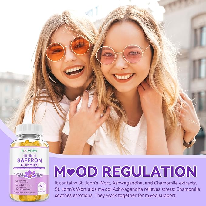 Saffron Gummies for Adult Kids, 10-IN-1 Regulate Cortisol Supplement with Saffron 88.5mg, Vitamin D3, B6, Magnesium, Zinc, Ashwagandha, L-Theanine, St. John's Wort, For Emotions, Slumber, 120 Count