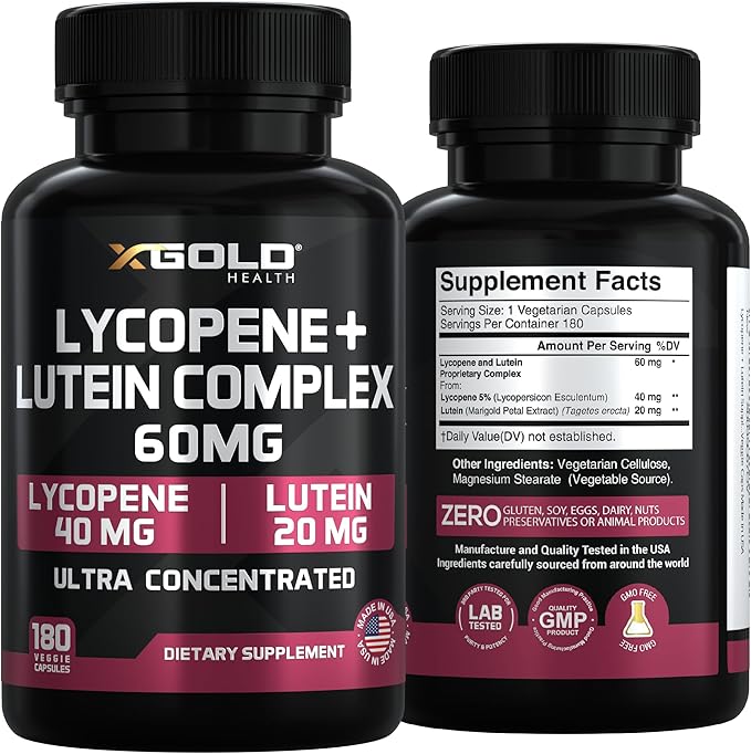Lycopene + Lutein Supplement 60mg | Lycopene 40mg from Tomato & Lutein 20mg from Marigold Extract - 2-in-1 Ultra-Concentrated Health Supplements | Non-GMO & Gluten Free - 180 Veggie Caps Made in USA