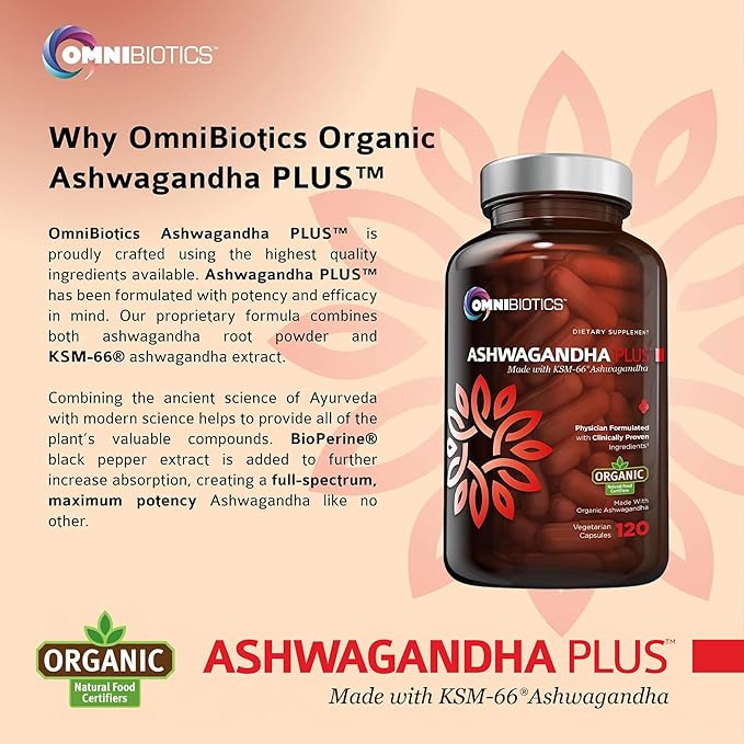 OmniBiotics Organic Ashwagandha Supplement β 1300mg Total Strength β 900mg Organic Root Powder & 400mg KSM-66 Extract β Stress Relief, Mood & Sleep Support β Non-GMO β 120 Vegan Capsules