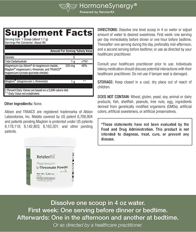 RetzlerRx Magnesium L-Threonate Powder with Magtein® - Brain-Supporting Magnesium Threonate Complex - Unflavored, Gluten-Free Supplement for Cognitive Health - 60 Servings