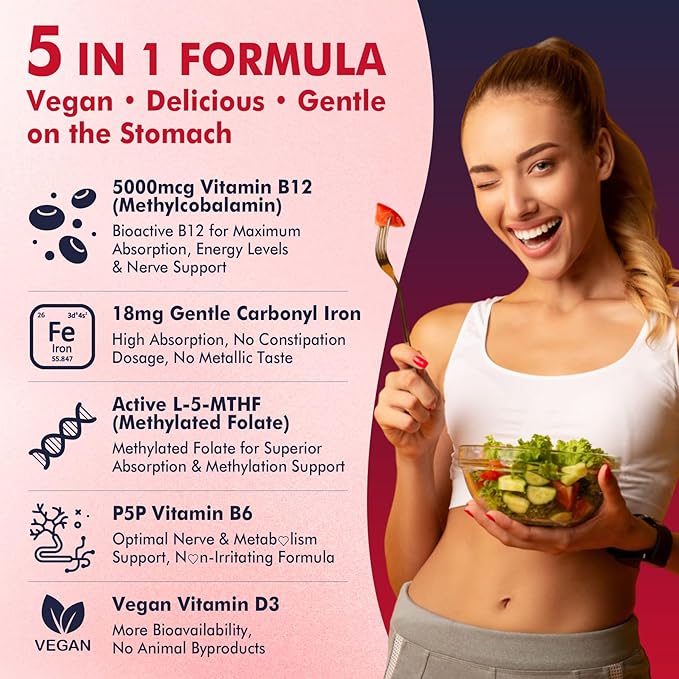 Methyl B12 Vitamins 5000 mcg Gummies + Iron 18 mg for Women Men - Active Methylcobalamin Methylated B12 Vitamin Supplement w/L-MethylFolate, B6 (P5P) & D3 for Energy & Focus Support, 120 Servings