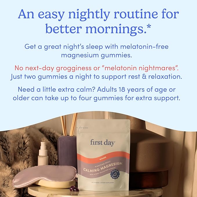 FIRST DAY Women’s Nighttime Reset Calming Magnesium Gummies – Sleep Aid Supports Peaceful Rest, Balanced Mood & Energy – Supplement with Magnesium Citrate, L-Theanine & No Melatonin – 60-Day Supply