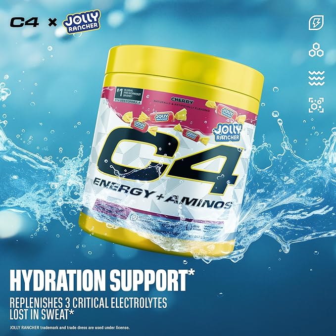 Cellucor C4 Energy + Aminos Powder | Jolly Rancher Cherry | 5g BCAAs & EAAs for Muscle Recovery, 3 Electrolytes for Hydration, 100mg Natural Caffeine | Pre Workout | Zero Sugar, 30 Servings