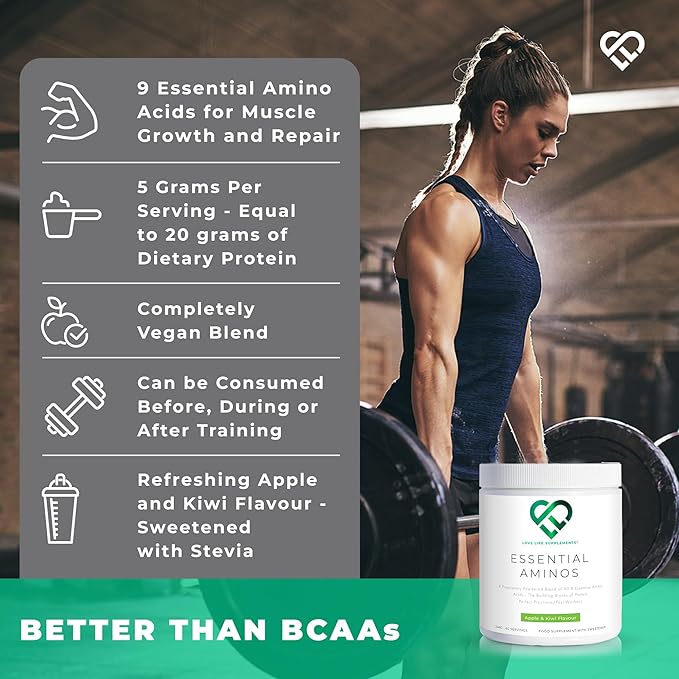 Love Life Supplements EAA Amino Acids Powder, All 9 Essential Amino Acids Including BCAA's and 2 Grams of Leucine per Serving, Apple & Kiwi Flavour, 348g - 60 Servings (5g of EAA's per Serving)