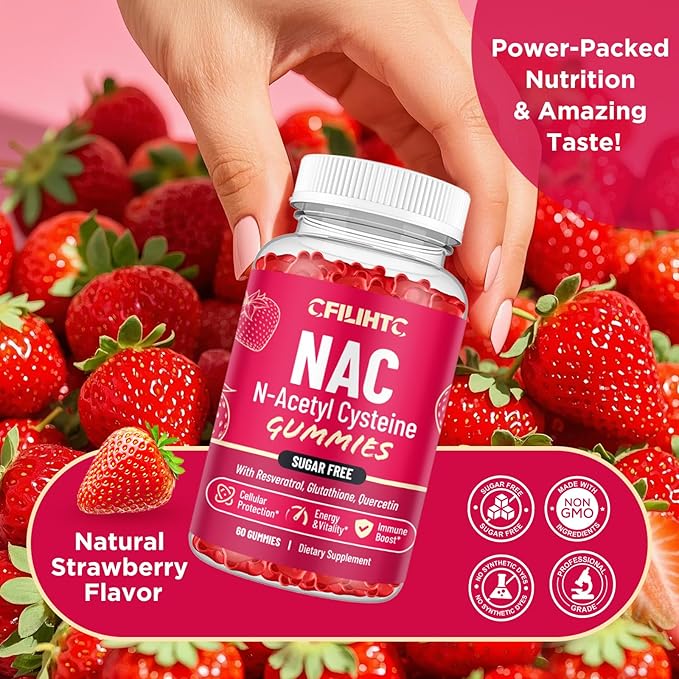 NAC Gummies 600mg, N Acetyl Cysteine Supplement with Glutathione, Resveratrol, Magnesium, CoQ10, NAC Chewable for Antioxidants & Immune Support, Strawberry Flavor 60 Gummies