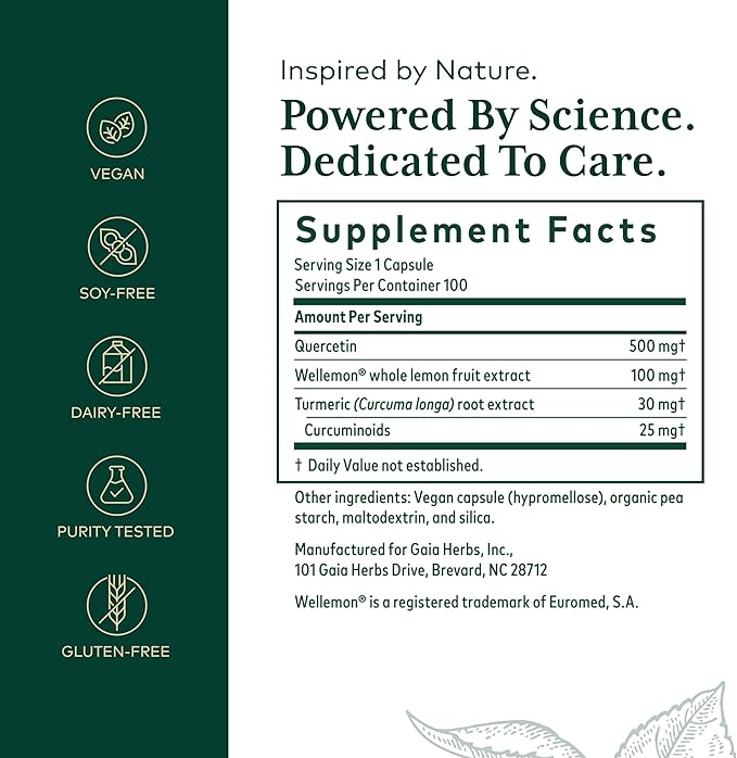 GAIA HERBS PRO Quercetin Synergy 500 - Immune System Support Supplement* - Cell Health Supplement* with Quercetin, Bromelain & Turmeric - 100 Capsules (100 Servings)