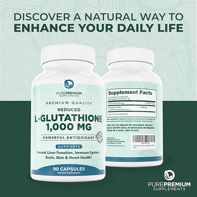 PurePremium Reduced Glutathione 1000mg Per Serving - 500mg Per Capsule – L-Glutathione Supplement & Antioxidant Support for Normal Liver, Brain, Skin & Heart Health – 90 Capsules