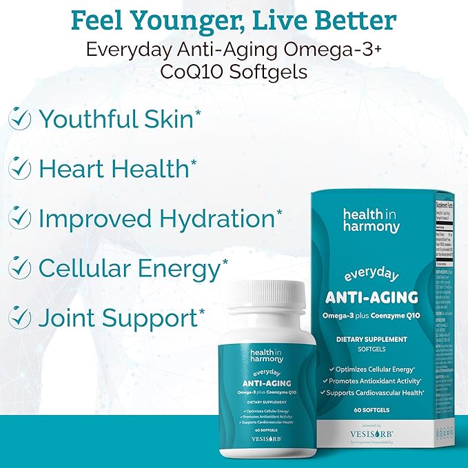 Everyday Anti-Aging Supplement - Omega 3 Fatty Acid Supplements + High Absorption Coq10 - Energy Supplements for Heart Health & Overall Vitality - Non GMO Softgels Powered by VesisorbĀ® (60 Ct)