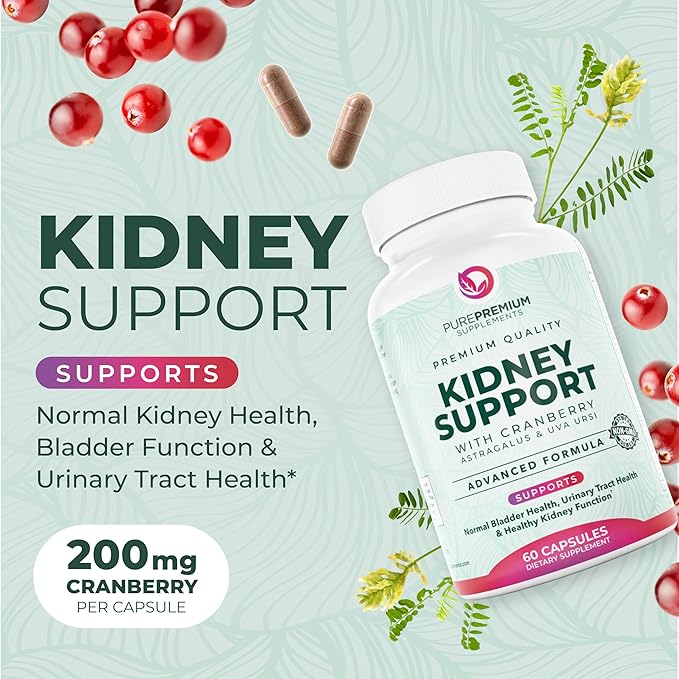 PurePremium Kidney Support Supplement – Kidney Cleanse Detox & Repair with Cranberry Extract & Astragalus - 21-in-1 Complex Supports Normal Bladder, Urinary Tract & Kidneys Health - 60 Day Supply