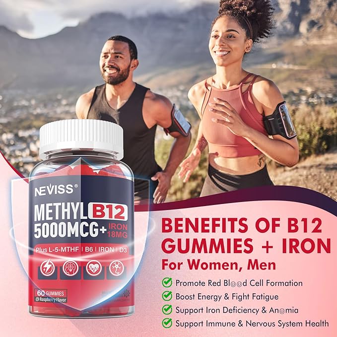 Methyl B12 Vitamins 5000 mcg Gummies + Iron 18 mg for Women Men - Active Methylcobalamin Methylated B12 Vitamin Supplement w/L-MethylFolate, B6 (P5P) & D3 for Energy & Focus Support, 120 Servings