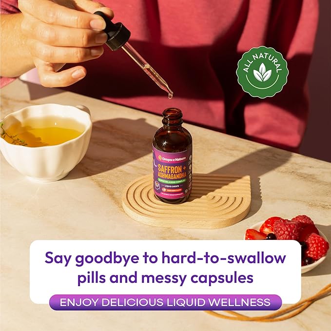 Ashwagandha and Saffron Supplement – Contains KSM 66 and Saffron Extract – Vegan, Gluten-Free, GMO-Free – Daily Herbal Ashwagandha Supplement to Support Focus, Clarity & Relaxation (Mixed Berry, 60ml)