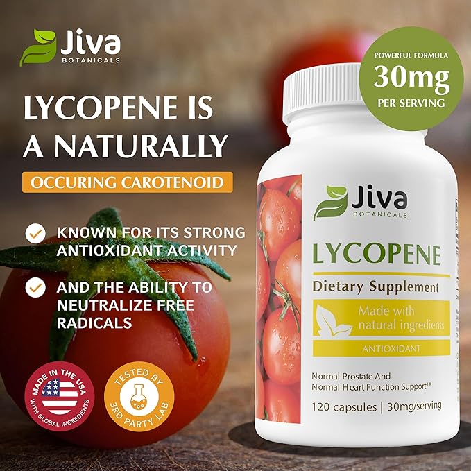 Jiva Botanicals Lycopene Supplement 30mg - Antioxidant Support for Normal Prostate and Heart Health Support - Lycopene from Tomato Extract - Made in The USA - Non GMO, Vegan - 120 Capsules