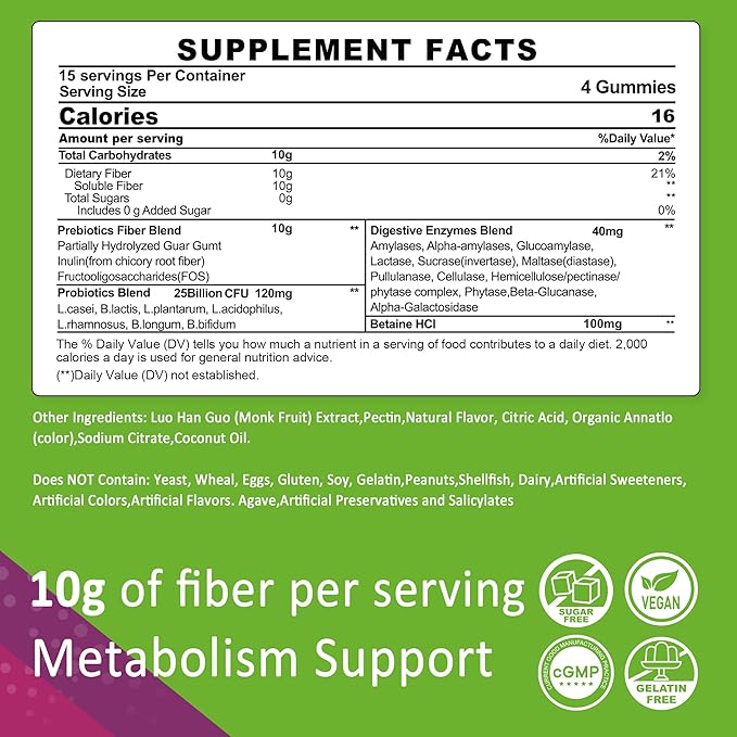 Fiber Gummies for Adults, Sugar Free 10g Prebiotic Fiber Supplement with Digestive Enzymes, Probiotics & 100mg Betaine for Digestive & Gut Health and Regulate Bowel Movement, Vegan, Gelatin Free, 60ct