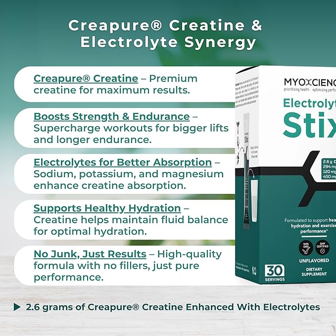 MYOXCIENCE Electrolyte STIX | Creatine Electrolyte Powder | Recovery from Exercise & Muscle Development w/Real Salt (Unflavored) (Stix 30 ct)