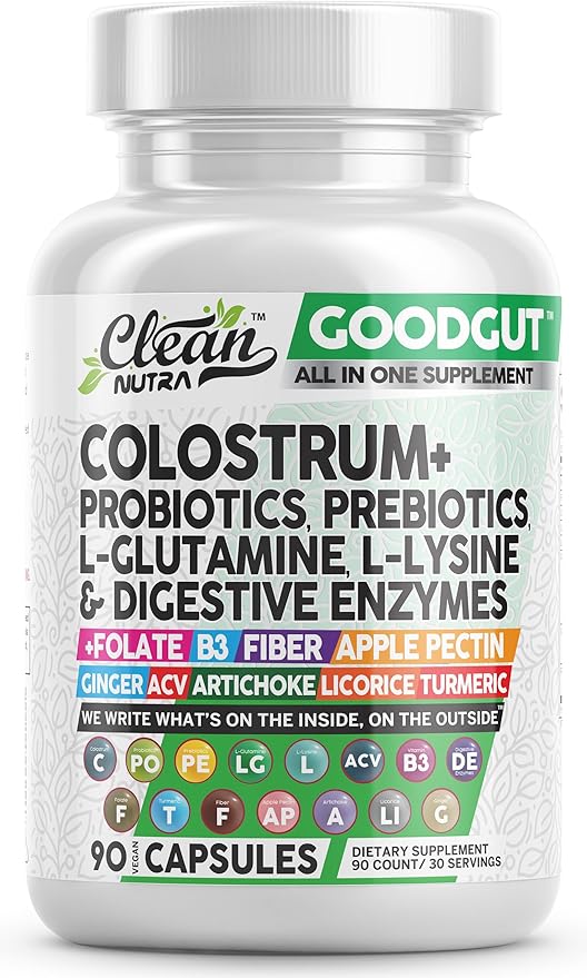 Clean Nutraceuticals Colostrum Supplement Capsules Probiotics Pills Prebiotics, L-Glutamine, Digestive Enzymes, Folate, Fiber, ACV, Turmeric, Apple Pectin and Turmeric Pills