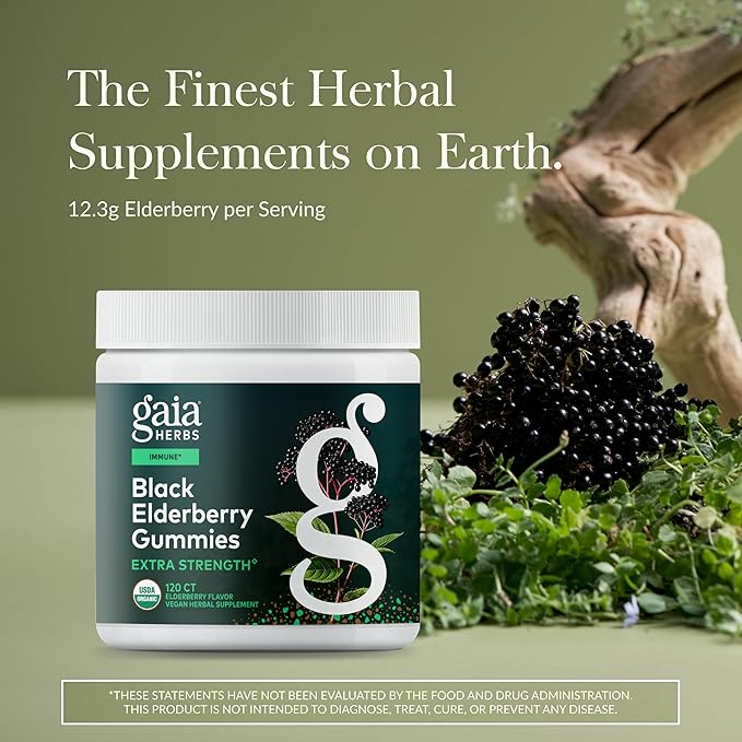 Gaia Herbs Black Elderberry (Sambucus Nigra) Extra Strength Gummies - Delicious Immune Support Supplement - Made with Certified Organic Black Elderberries for Immune System Support - 120 Gummies