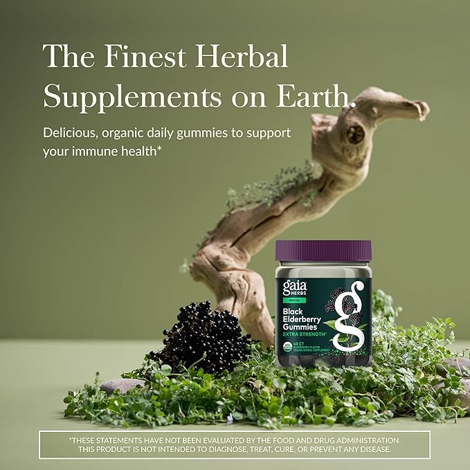 Gaia Herbs Black Elderberry (Sambucus Nigra) Extra Strength Gummies - Delicious Immune Support Supplement - Made with Certified Organic Black Elderberries for Immune System Support - 40 Gummies