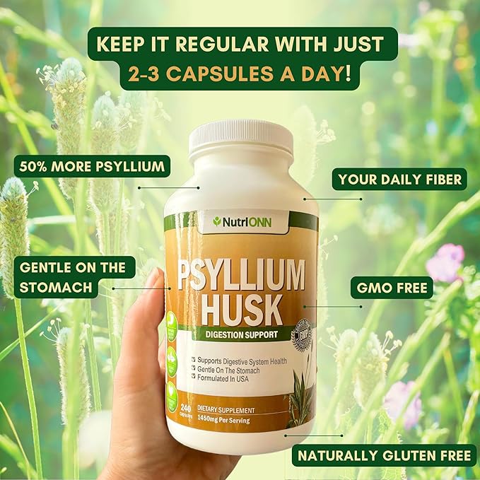 PSYLLIUM Husk Capsules - 1450mg Per Serving - 240 Capsules - Double Strength - Premium Psyllium Fiber Supplement - Great for Digestion and Regularity - 100% Natural Soluble Fiber