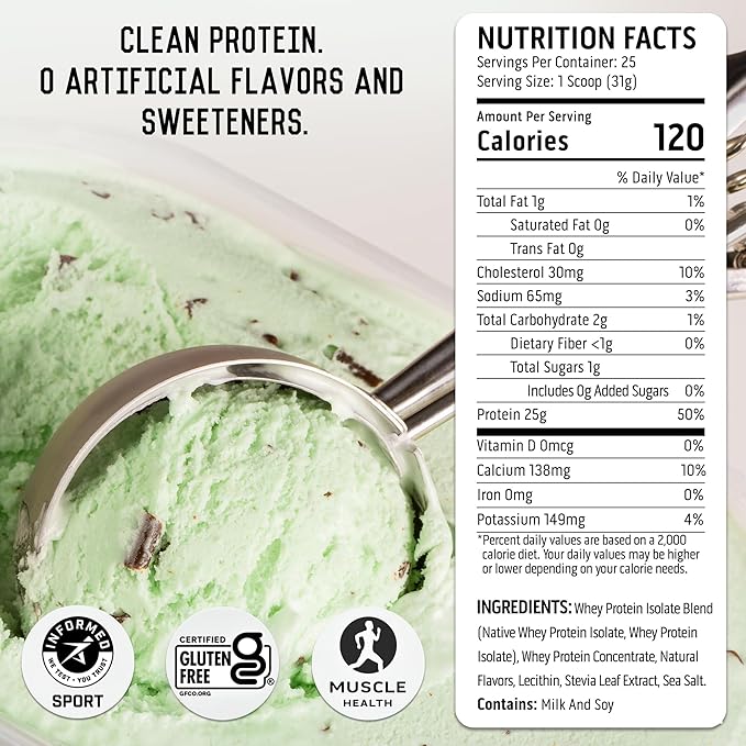 Ascent 100% Whey Protein Powder - Post Workout Whey Protein Isolate, Zero Artificial Flavors & Sweeteners, Gluten Free, 5.5g BCAA, 2.6g Leucine, Military Exclusive, Mint Chocolate Chip 1.7 lb