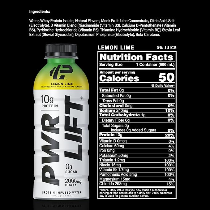 Whey Protein Water Sports Drink by PWR LIFT | Lemon Lime | Keto, Vitamin B, Electrolytes, Zero Sugar | Post-Workout Energy Beverage | 16.9 Fl Oz (Pack of 12)