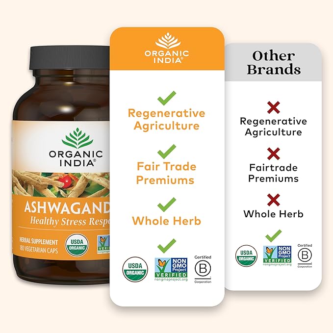 ORGANIC INDIA Ashwagandha Herbal Supplement - Stress Response Support, Vegan, Gluten-Free, Kosher, USDA Certified Organic, Non-GMO, Supports Mood, Endurance, Vitality & Strength - 180 Capsules