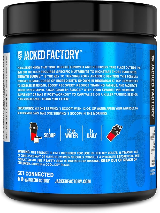 Jacked Factory Growth Surge Creatine Post Workout w/L-Carnitine - Daily Muscle Builder & Recovery Supplement with Creatine Monohydrate, Betaine, L-Carnitine L-Tartrate - 30 Servings, Cherry Limeade