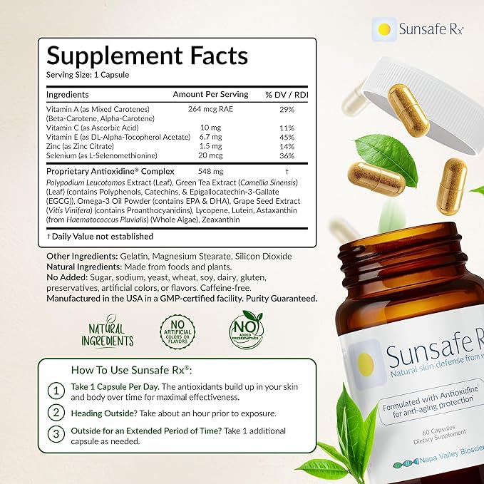 Sunsafe Rx Anti Aging Supplement: Natural Skin Protection Pills with Antioxidants for a Youthful Appearance & Eye Health + Vitamins, Minerals, & 250mg Polypodium Leucotomos (60 Capsules)