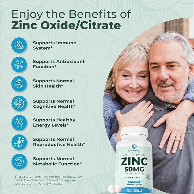 PurePremium Natural Zinc 50mg Supplements for Men/Women - High Potency Vitamin Zinc Citrate/Oxide for Adults, Immune Antioxidant, Energy Support - 100 Tablets