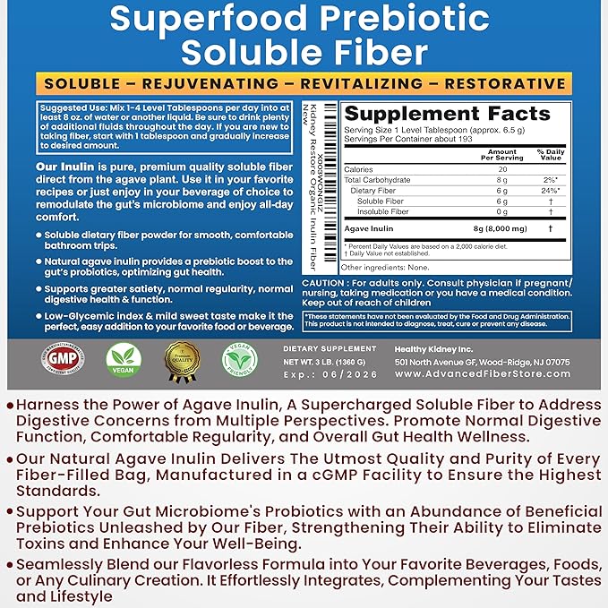 Organic Inulin Powder (48oz/3 lbs) Gentle Agave Prebiotic Soluble Fiber Supplement for Digestive Support, Gut Health, Vegan Baking, Smoothies & Drinks