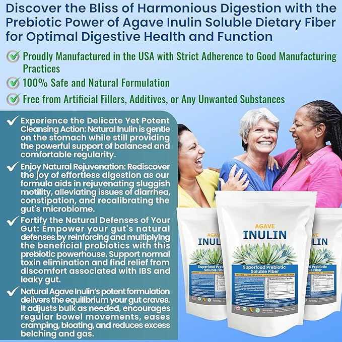 Organic Inulin Powder (48oz/3 lbs) Gentle Agave Prebiotic Soluble Fiber Supplement for Digestive Support, Gut Health, Vegan Baking, Smoothies & Drinks