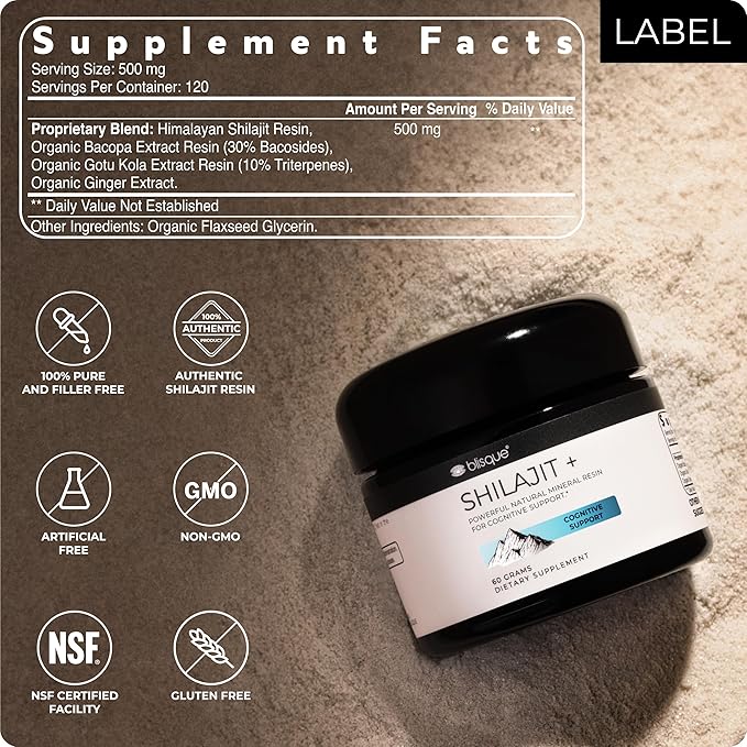 Blisque - Pure Himalayan Organic Shilajit Resin Supplement | for Cognitive Support | with Organic Bacopa and Gotu Kola | Authentic and Natural | 60 Grams