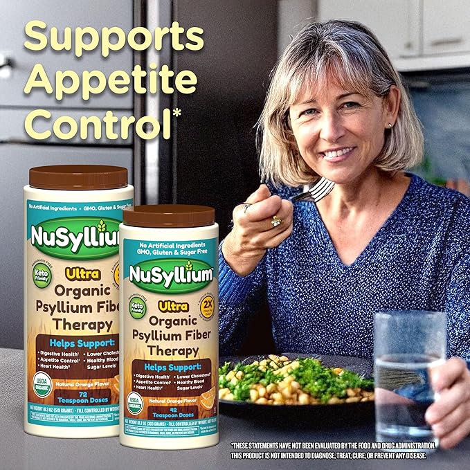 NuSyllium Psyllium Husk Powder, USDA Organic, 30.5 Oz, Dietary Fiber Supplement with Brown Sugar, Helps Digestive Health* Natural Orange, 72 Servings