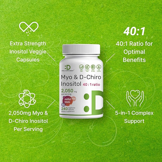 Myo-Inositol & D-Chiro Inositol Supplement for Women (40:1) | 2,050mg Per Serving | 240 Veggie Capsules | with Folate, Vitamin D3 & Vitex | Hormonal Balance & Cycle Support | Non-GMO