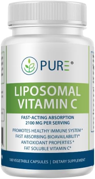 PURE Liposomal Vitamin C Capsules, 2100mg, Sunflower Lecithin, 180 Capsules, 60-Day Supply, Premium Wellness Supplement