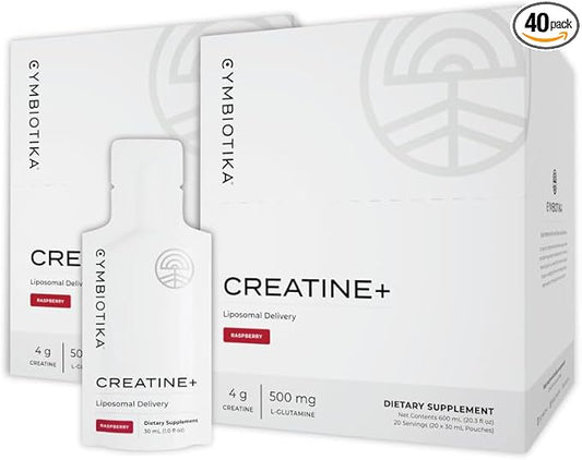 CYMBIOTIKA Liposomal Creatine+, 4mg Creatine and 500mg Glutamine, for Amino Energy, Recovery, Muscle Mass & Brain Support, Gluten Free & Vegan, Raspberry Flavor, 2 Month Supply, 60 Day Supply