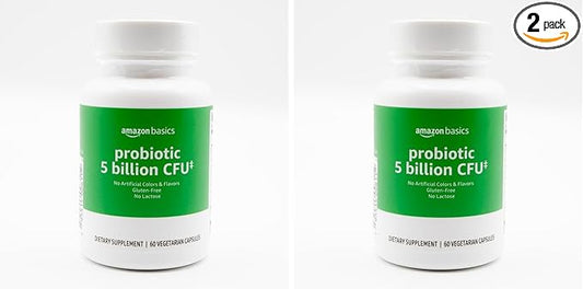 Amazon Basics Probiotic 5 Billion CFU, 8 Probiotic strains with 60 mg Prebiotic Blend, 60 Count Vegetarian Capsules, 2 Month Supply, Supports Healthy Digestion (Previously Solimo) (Pack of 2)