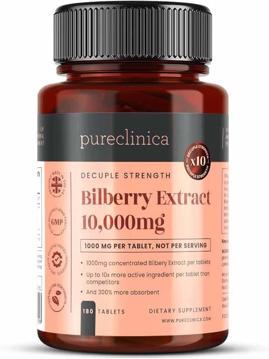 pureclinica Bilberry Extract 10,000mg x 180 Tablets (6 Months Supply)- 10X More anthocyanidin Plus 5mg Black Pepper per Tablet