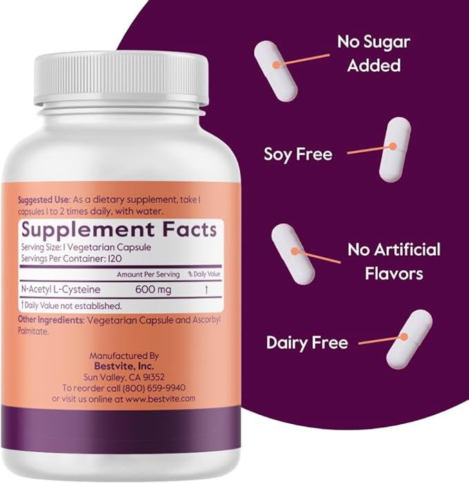 N-Acetyl L-Cysteine (NAC) 600mg Per Capsule (120 Vegetarian Capsules) - No Stearates - Vegan - No Fillers - No Silica - No Gelatin - Gluten Free - Non GMO