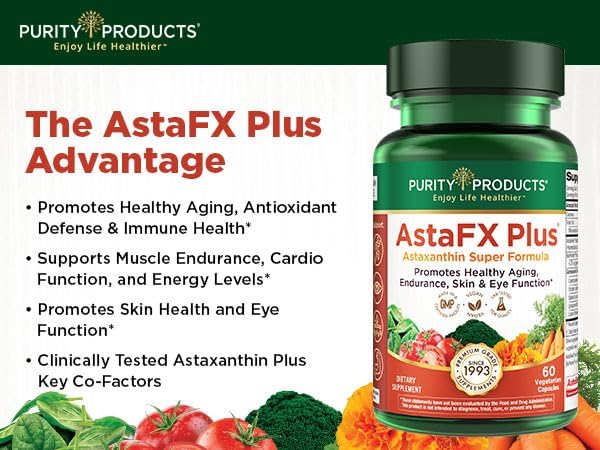 Purity Products AstaFX Plus - Astaxanthin Super Formula - 30 Day Supply from Supports Endurance - Promotes Healthy Skin - Supports Visual Health - Up to 6,000 Times More Powerful Than Vitamin C