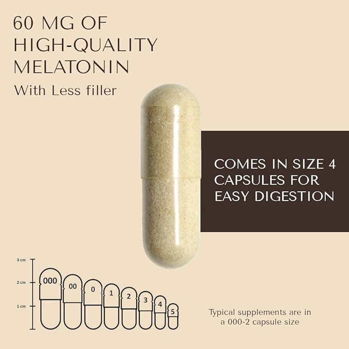 Pure Melatonin 60mg | 60 High-Dose Easy-to-Swallow Capsules | Natural Sleep Aid | Non-Habit Forming | Holistic Wellness