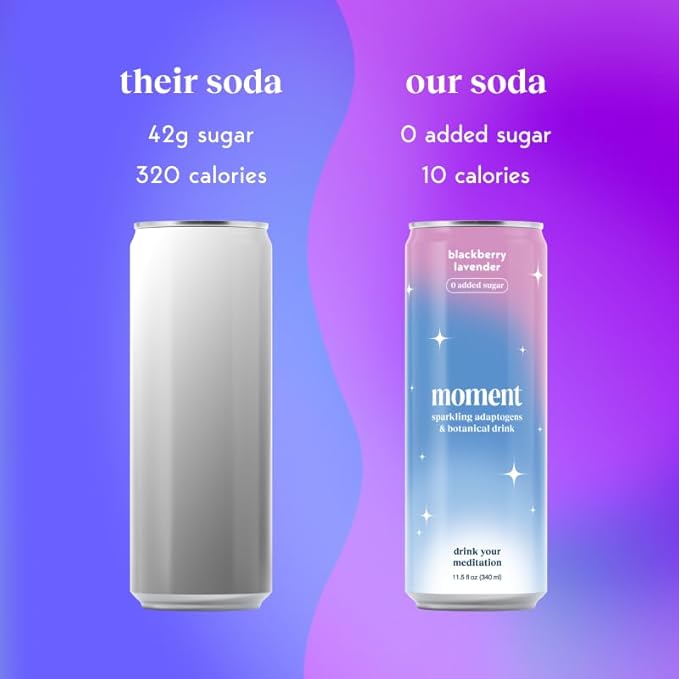 Moment Botanical Soda Soft Drink (Shark Tank) - SPARKLING Drinks | Blackberry Lavender | L-Theanine & Ashwagandha for Calm & Clarity | 0 Added Sugar 0 Caffeine | 12-pack