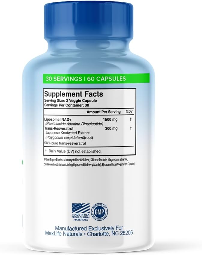 Liposomal NAD+ Trans-Resveratrol Supplement 1500mg - 120 Capsules - Liposomal NAD Supplements for Women and Men, High Purity-NAD Cell Regenerator, Cognitive & Anti Aging Supplement for Women & Men